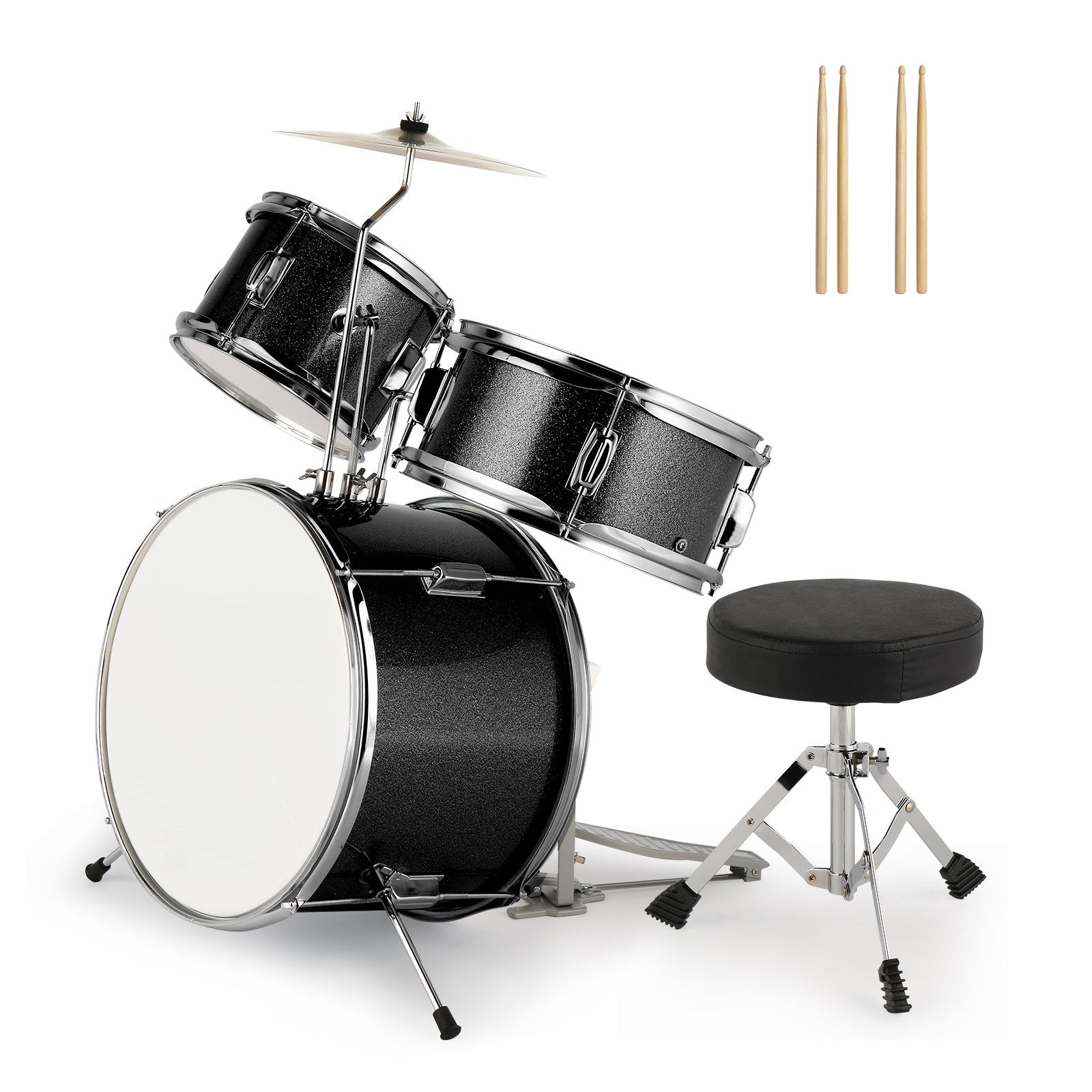 Ozici 14"x10" 3-Pieces Junior Kids Drum Set Kit Pedal Drum Stick Wrench Drum Stool Black