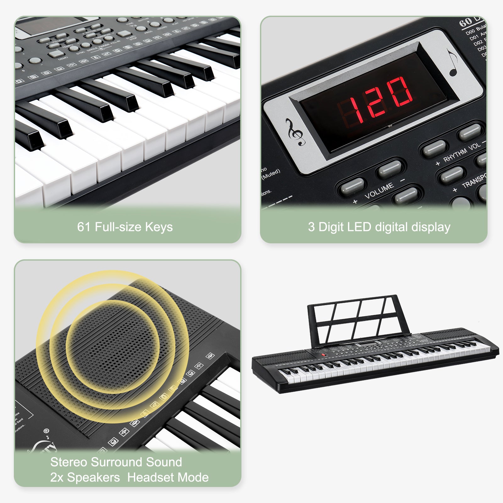 Ozici GEP-110 61 Key Keyboard with Piano Stand, Piano Bench, Built In Speakers, Headphone, Microphone, Music Rest, LED Screen, 3 Teaching Modes for Beginners