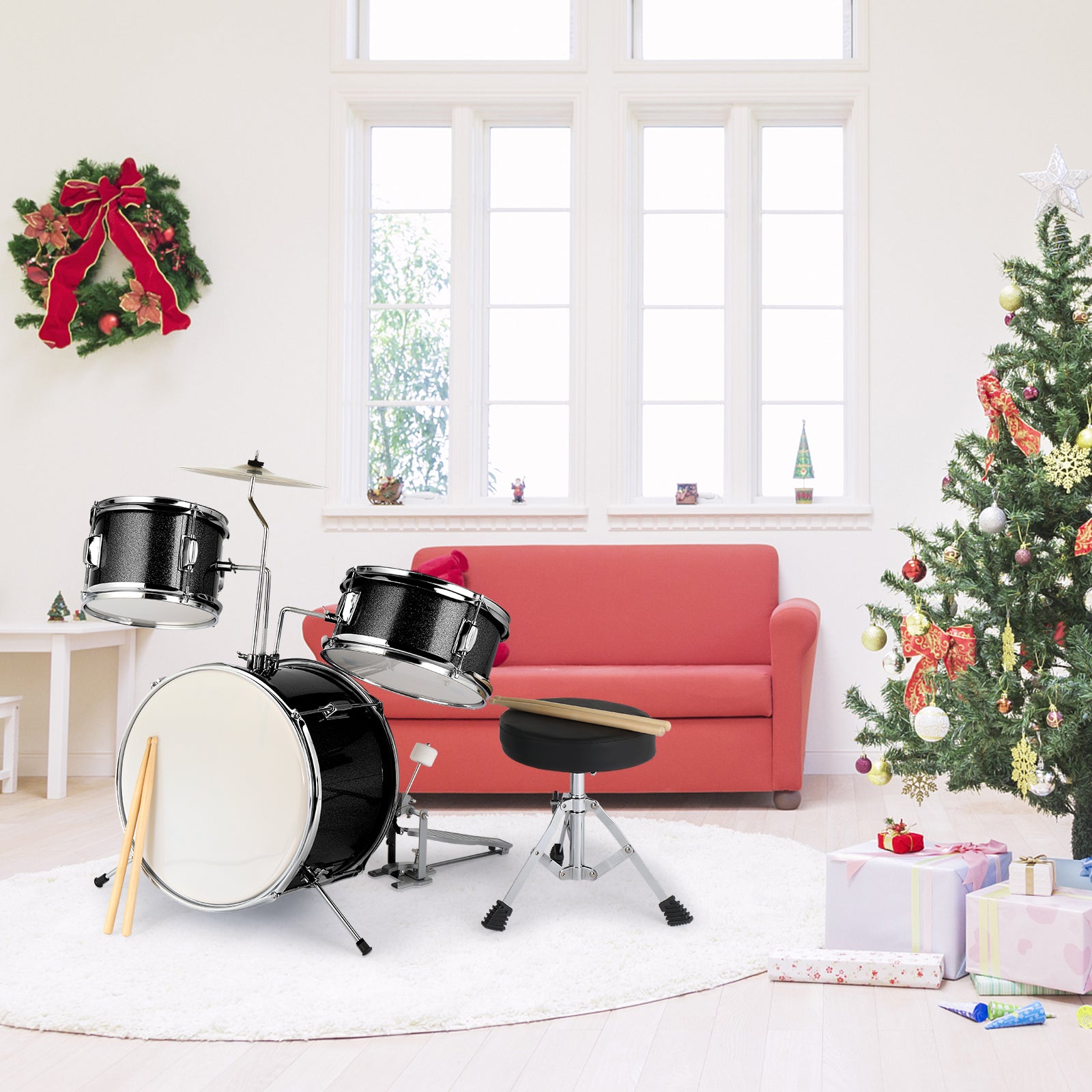 Ozici 14"x10" 3-Pieces Junior Kids Drum Set Kit Pedal Drum Stick Wrench Drum Stool Black