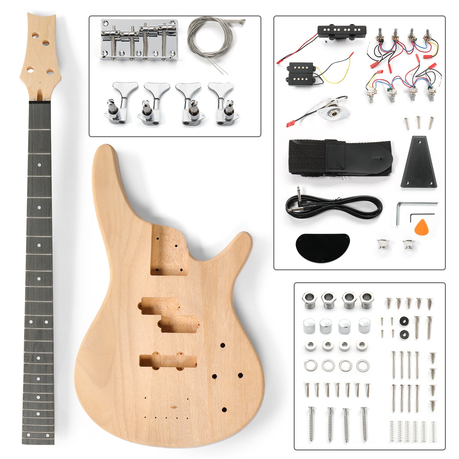 Ozici DIY 4 String IB Style Electric Bass Guitar Kits with Mahogany Body, Maple Neck and Accessories