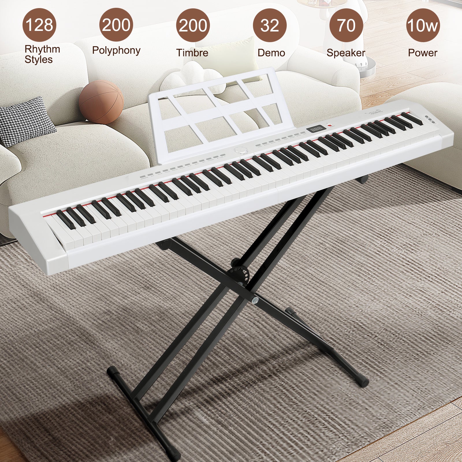 Ozici GPP-105 88 Key Full Size Semi-Weighted Standard Keyboards Digital Piano with Dual-tube X-Shape Stand, MIDI Bluetooth, Headphone