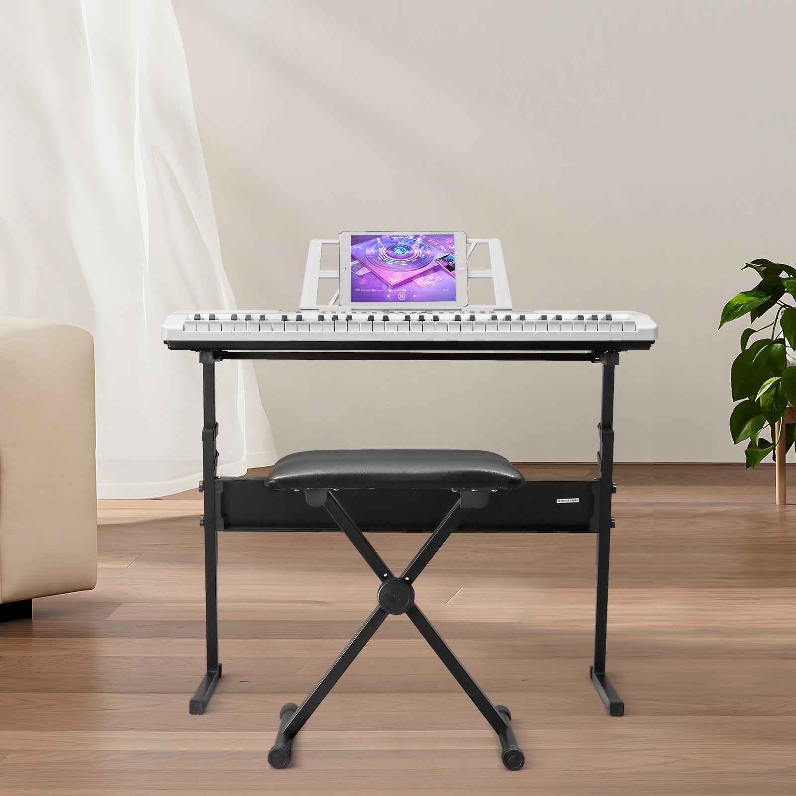 Ozici GEP-110 61 Key Lighting Keyboard with Piano Stand, Piano Bench, Built In Speakers, Headphone, Microphone, Music Rest, LED Screen