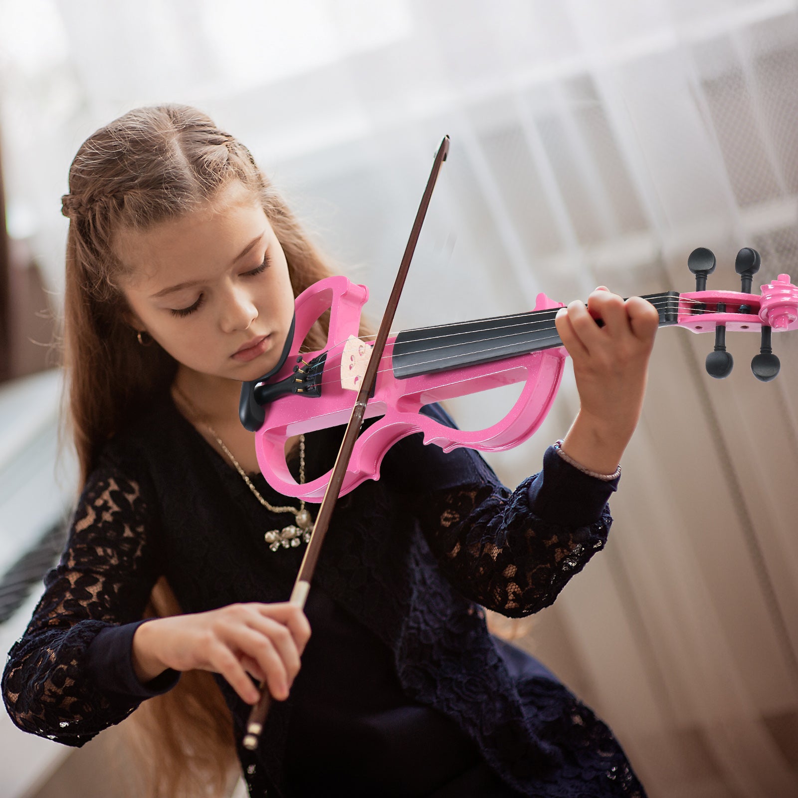 Ozici Full Size 4/4 Bunnel Edge Electric Silent Violin with Case Bow Rosin Headphone Connecting Line Pink
