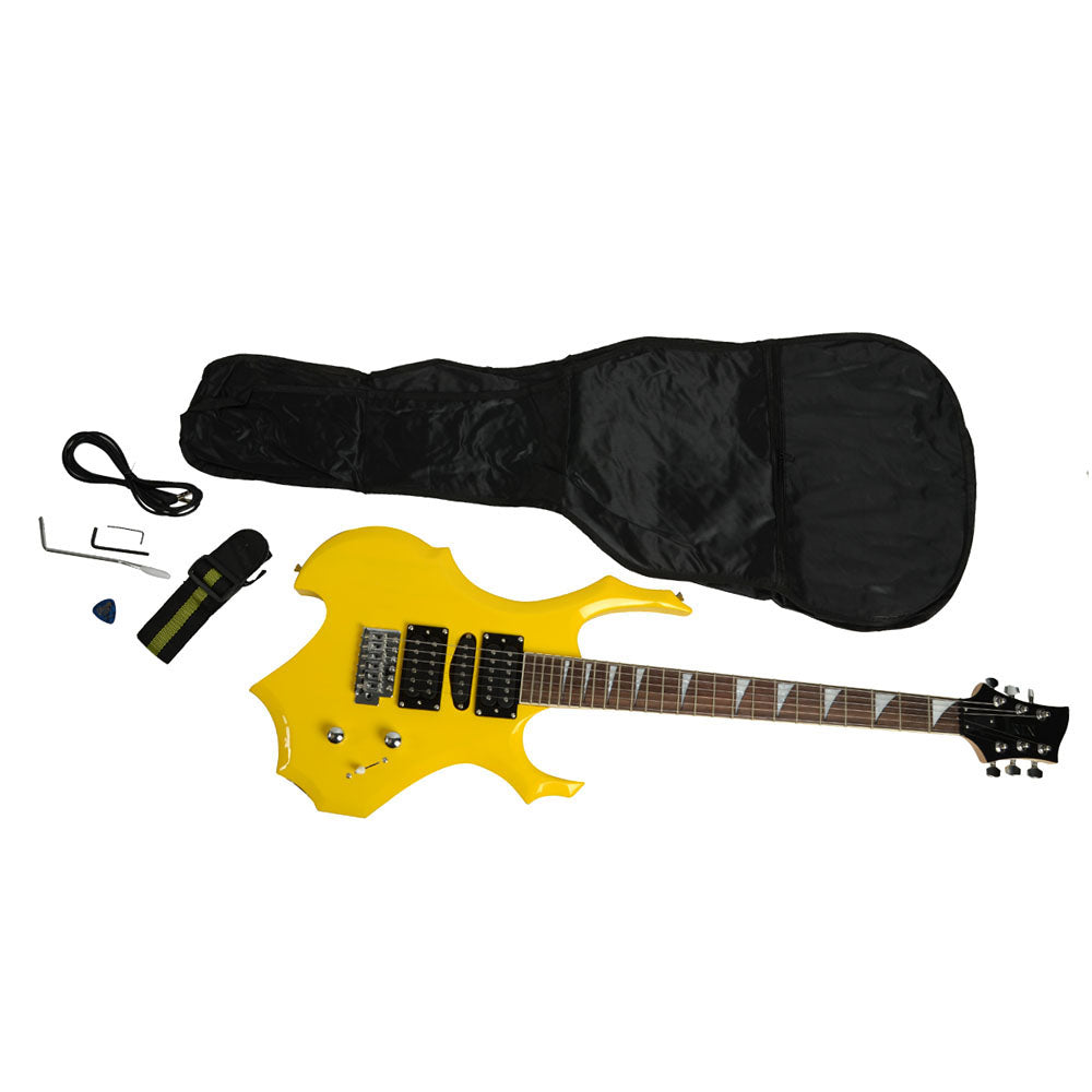 Ozici Novice Flame Shaped Electric Guitar HSH Pickup Bag Strap Paddle Rocker Cable Wrench Tool Yellow