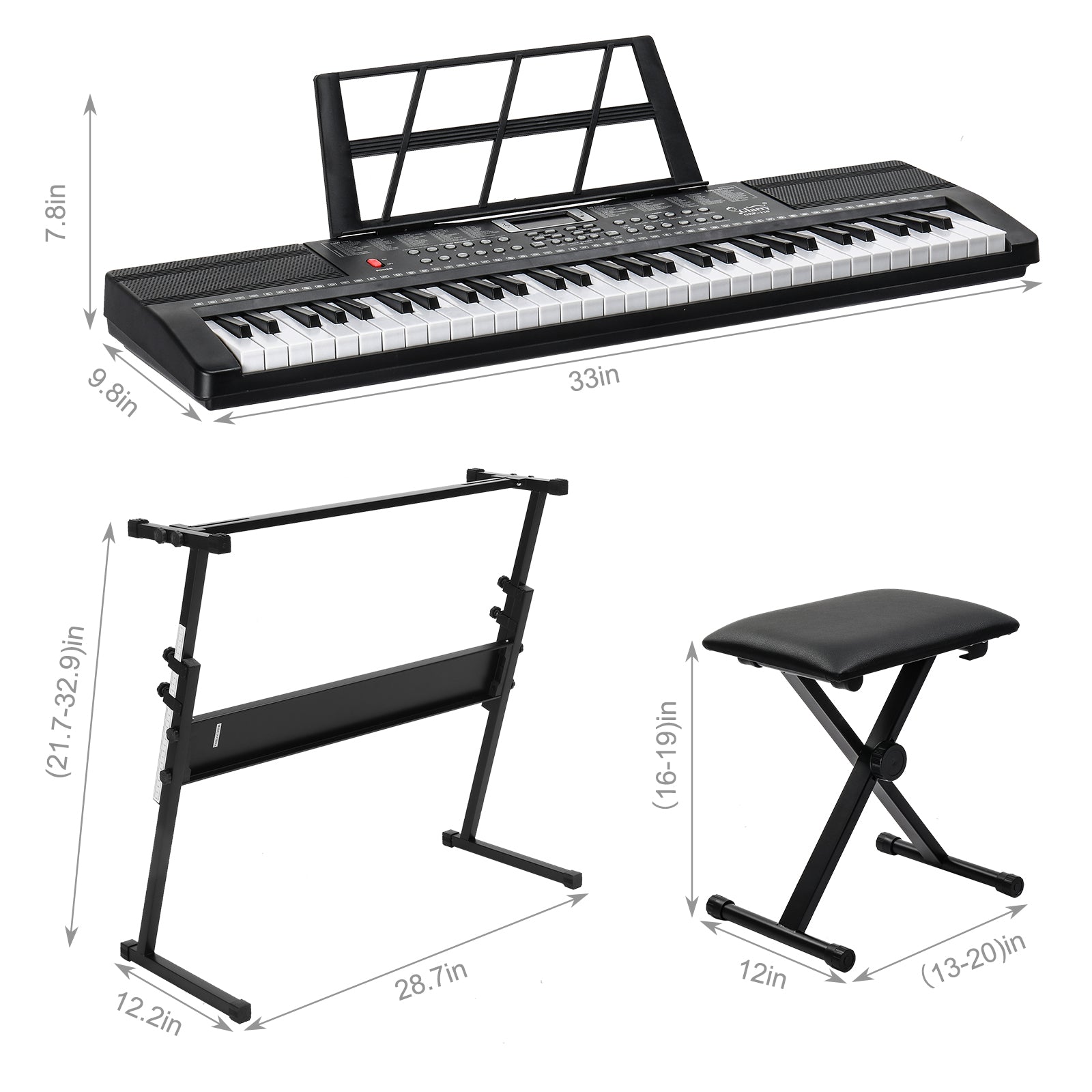 Ozici GEP-110 61 Key Keyboard with Piano Stand, Piano Bench, Built In Speakers, Headphone, Microphone, Music Rest, LED Screen, 3 Teaching Modes for Beginners