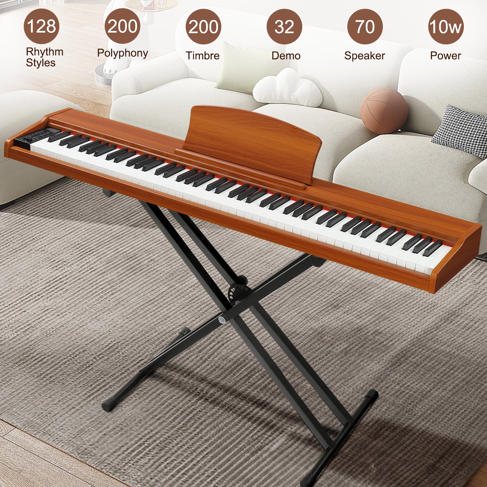 Ozici GPP-107 88 Key Full Size Semi-Weighted Standard Keyboards Wooden Digital Piano with Stand,MIDI Bluetooth,Triple Pedals,Headphone and other accessories, Walnut