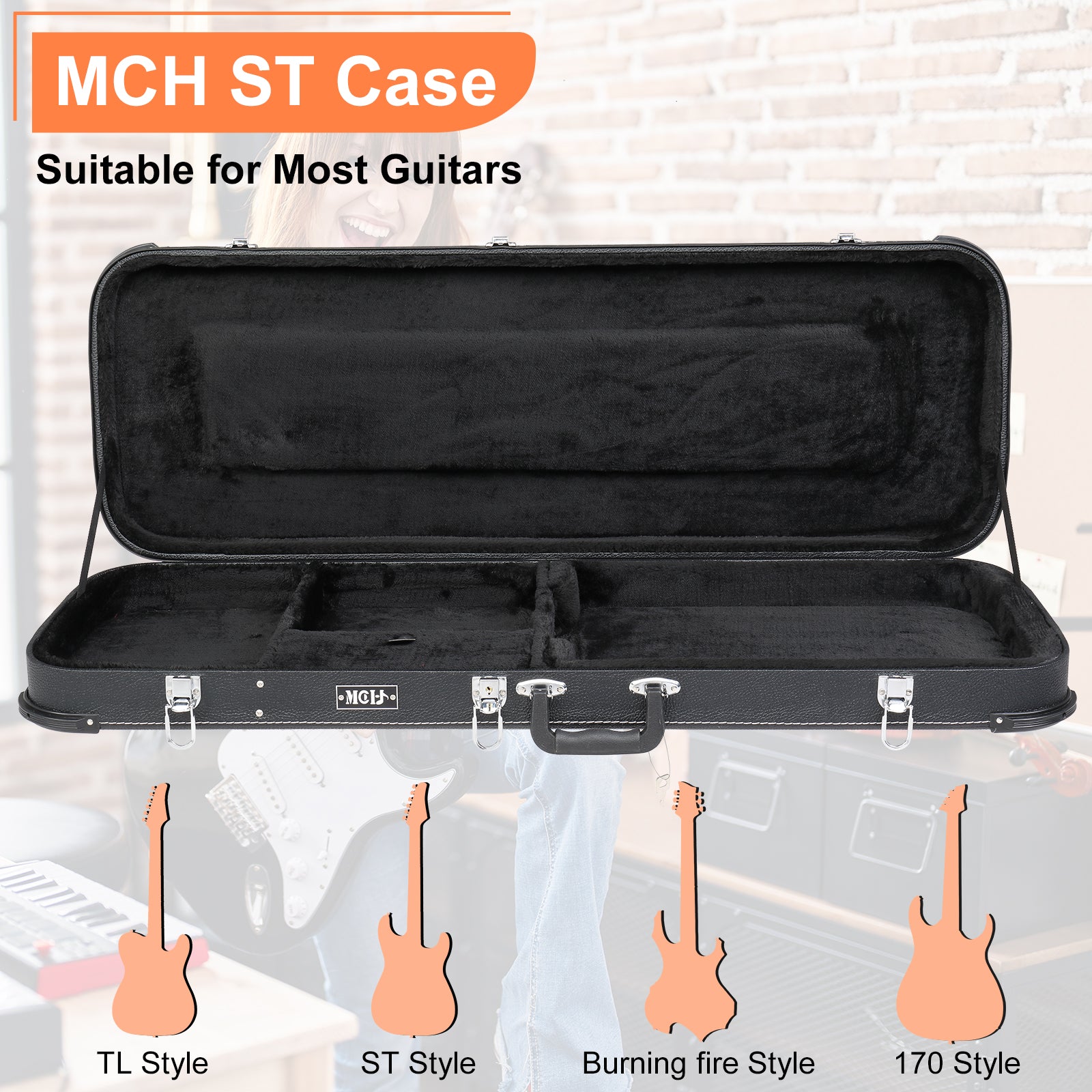 Ozici Electric Guitar Square Hard Case with Protective Sleeve Fits ST TL Burning fire 170 Style Electric Guitar
