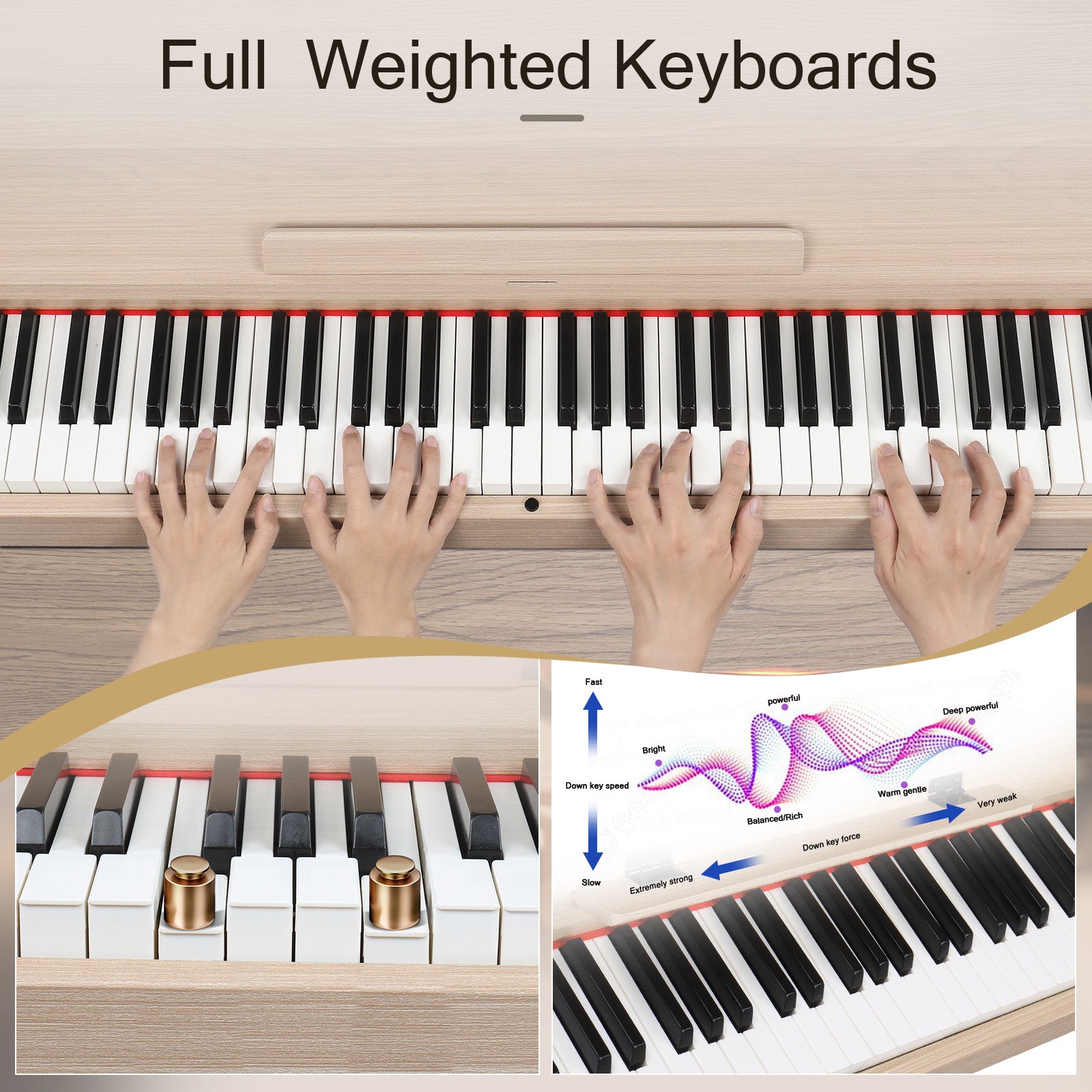 Ozici 88 Key Standard Full Weighted Keyboards Digital Piano with Metal Stand, Power Adapter, Triple Pedals, Headphone，for All Experience Levels Natural Technology Wood