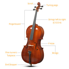 Ozici Full Side 4/4 Natural Color Spruce Panel Cello Tiger pattern process with Bag Bow Rosin Bridge Strings