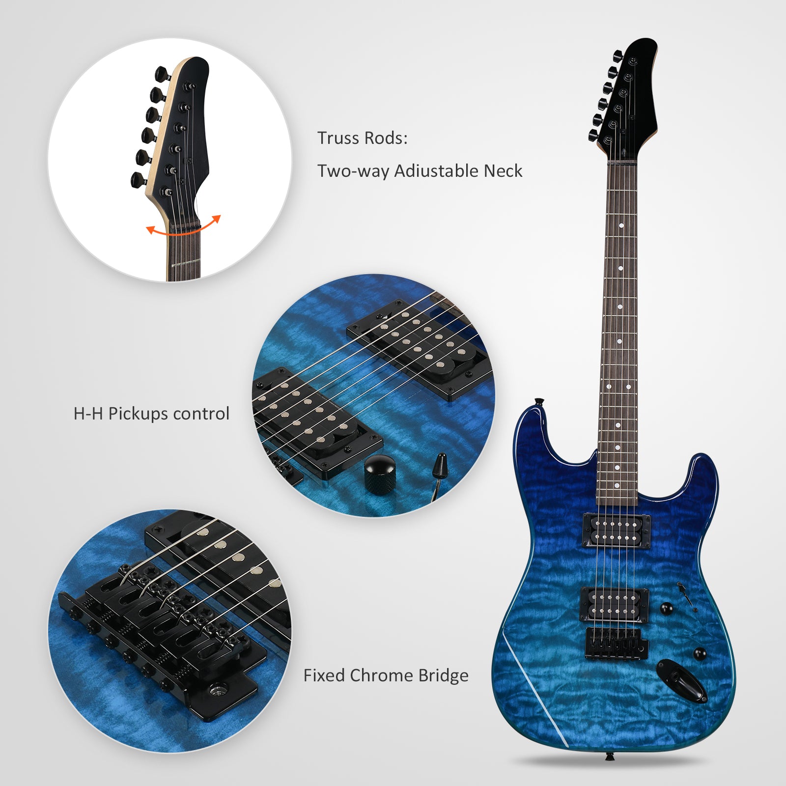 Ozici 39in Electric Guitar H-H Pickups Trans Blue suit for Heavier Rock