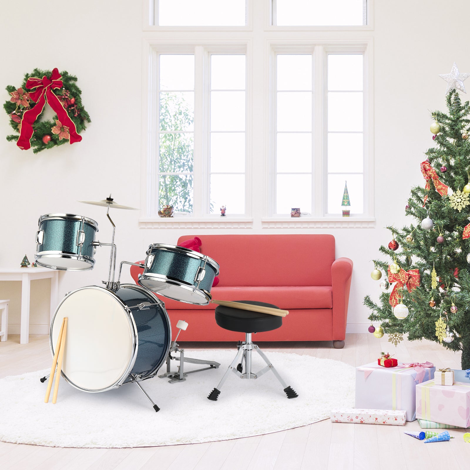 Ozici 14"x10" 3-Pieces Junior Kids Drum Set Kit Pedal Drum Stick Wrench Drum Stool Sky Blue