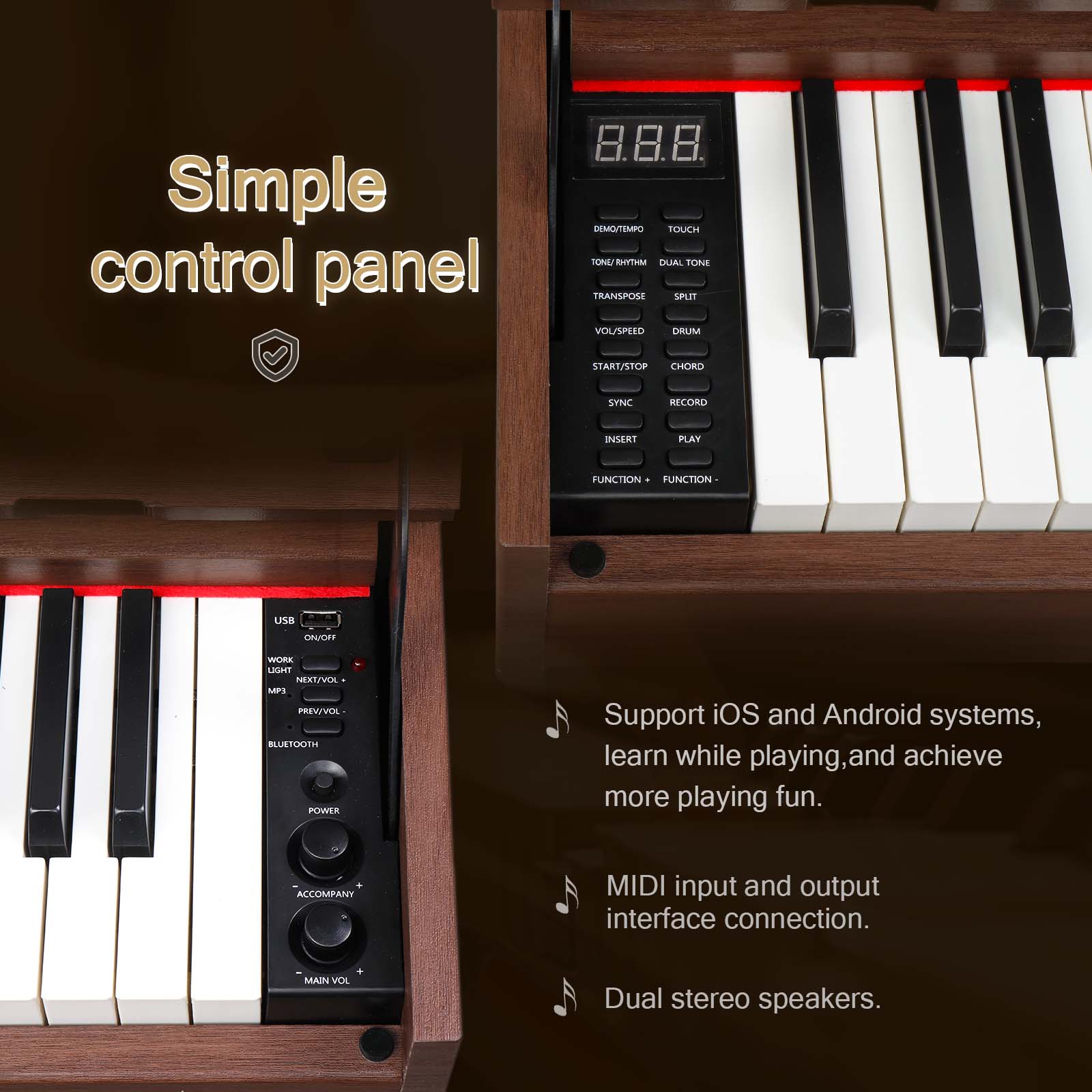 Ozici GDP-107 88 Key Standard Full Weighted Keyboards Digital Piano with Furniture Stand, Audio and MIDI Bluetooth, Triple Pedals, Headphone，for Black Walnut