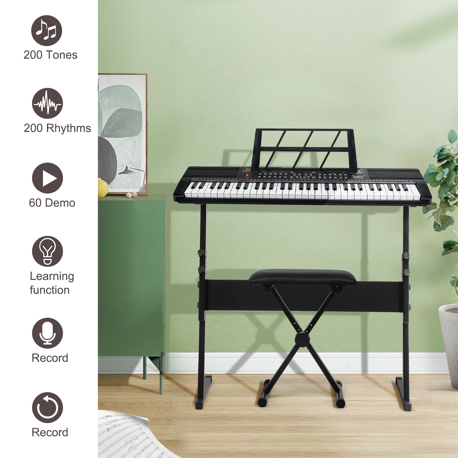 Ozici GEP-110 61 Key Keyboard with Piano Stand, Piano Bench, Built In Speakers, Headphone, Microphone, Music Rest, LED Screen, 3 Teaching Modes for Beginners