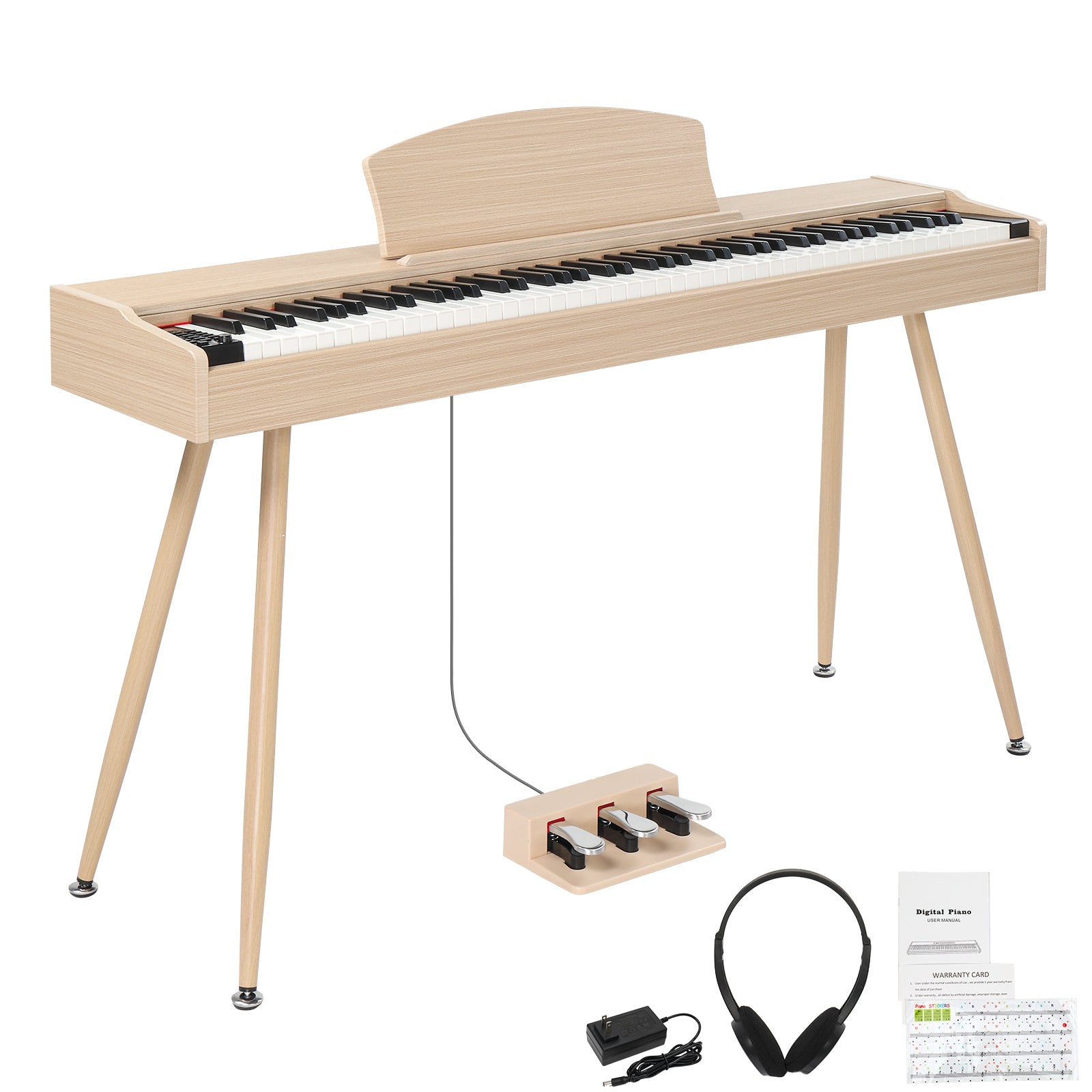 Ozici 88 Key Standard Full Weighted Keyboards Digital Piano with Metal Stand, Power Adapter, Triple Pedals, Headphone，for All Experience Levels Natural Technology Wood