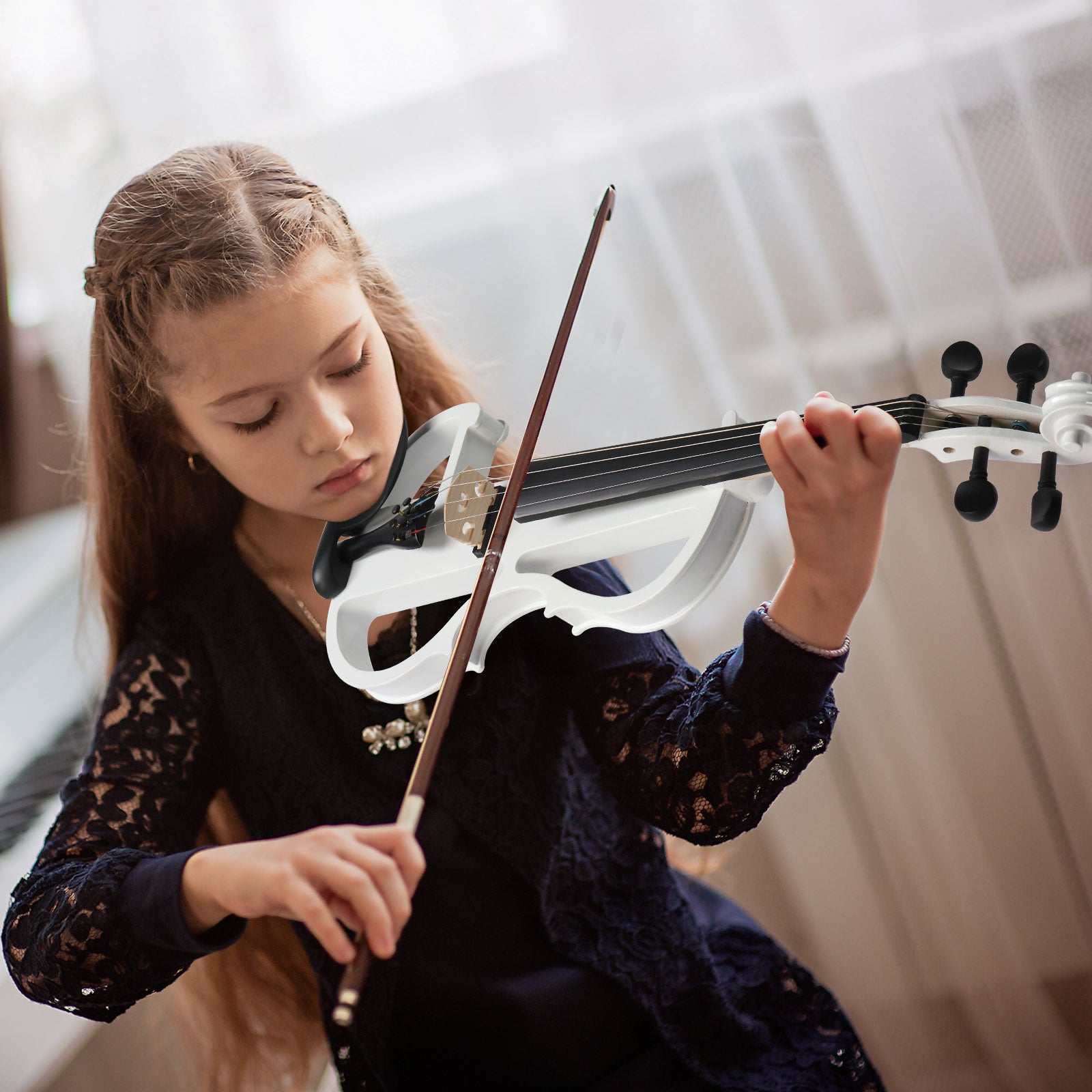 Ozici Full Size 4/4 Bunnel Edge Electric Silent Violin with Case Bow Rosin Headphone Connecting Line - White