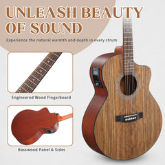 Ukscs 41-inch walnut top acoustic guitar with matte binding, comes with a 15W amplifier, bag, tuner, strings and other accessories, natural wood color.