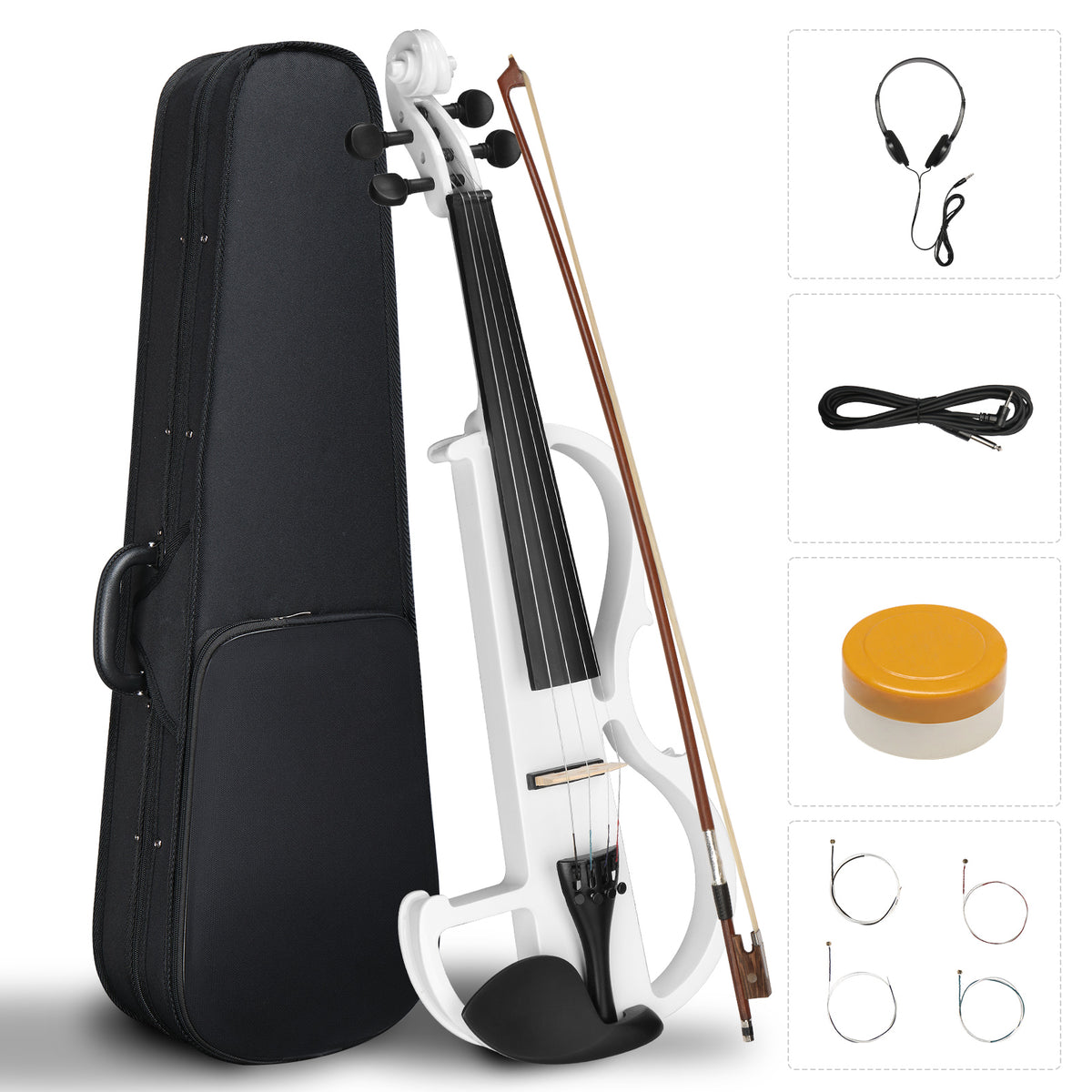 Ozici Full Size 4/4 Bunnel Edge Electric Silent Violin with Case Bow Rosin Headphone Connecting Line - White