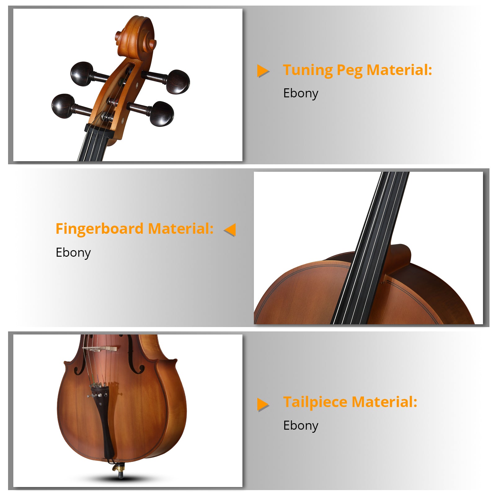 Ozici Full Side 4/4 Matte Natural Color Spruce Panel Cello with Bag Bow Rosin Bridge Strings