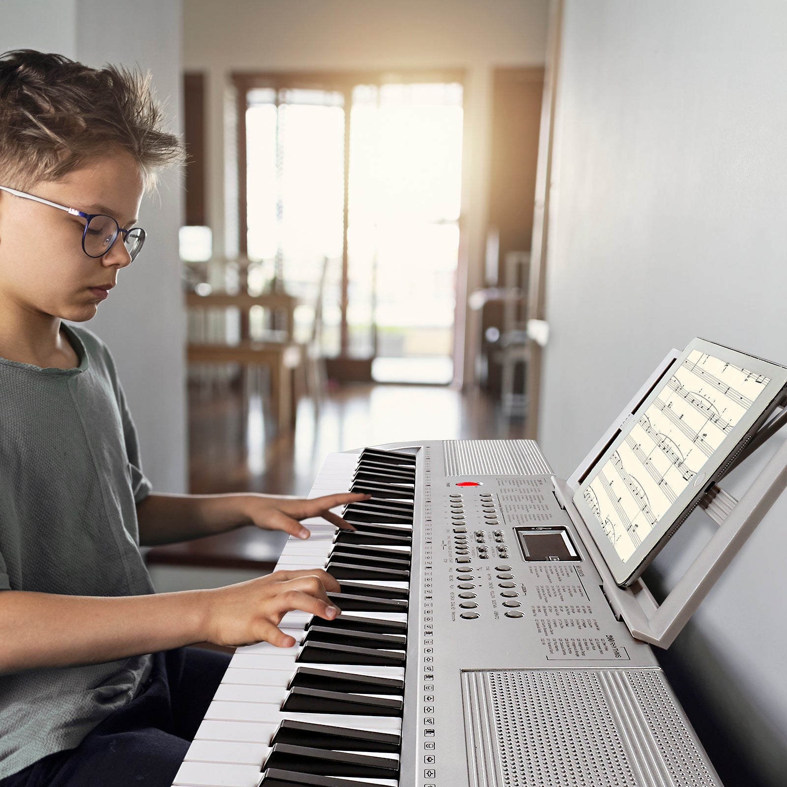 Ozici GEP-110 61 Key Lighting Keyboard with Piano Stand, Piano Bench, Built In Speakers, Headphone, Microphone, Music Rest, LED Screen