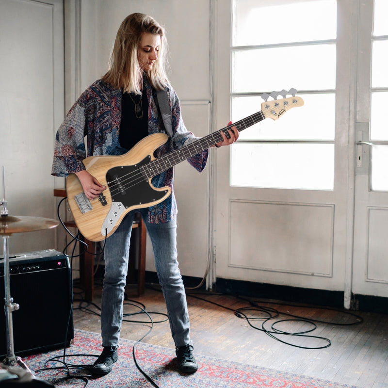 Glarry GJazz Electric Bass Guitar Black pickguard - Burlywood