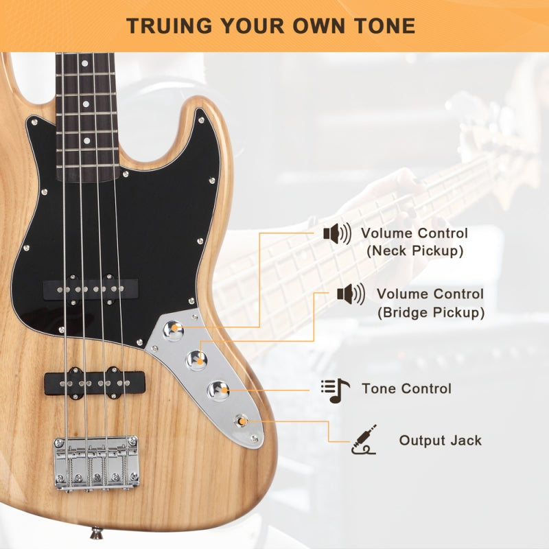 Glarry GJazz Electric Bass Guitar Black pickguard - Burlywood