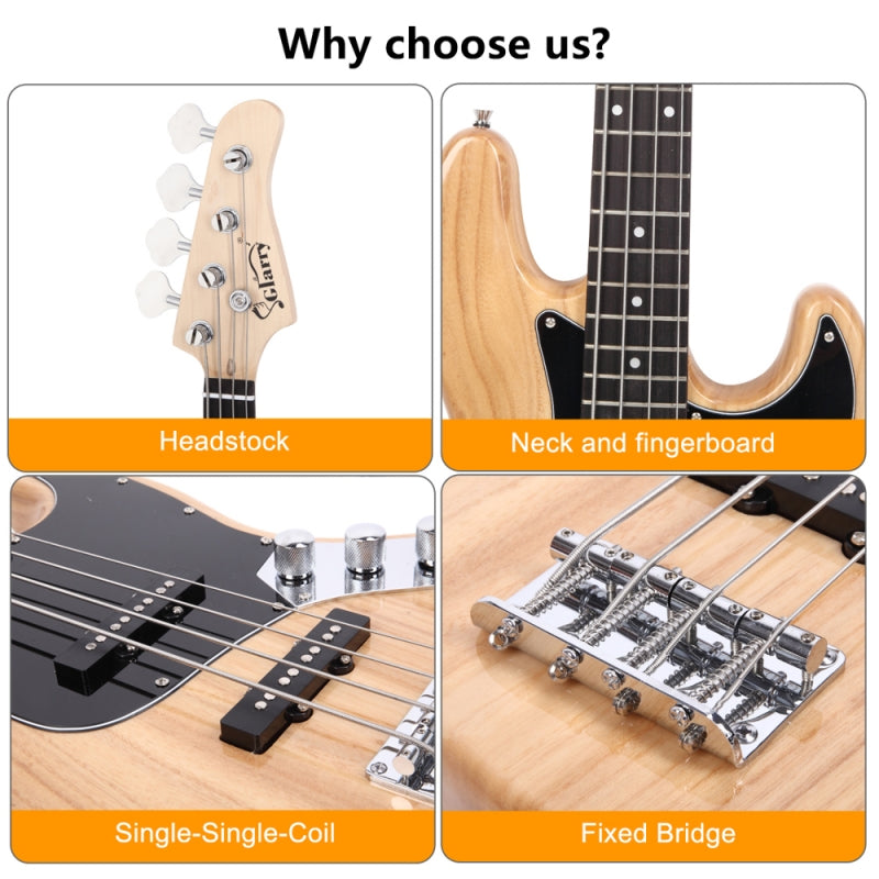 Glarry GJazz Electric Bass Guitar Black pickguard - Burlywood