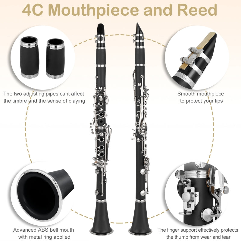 Glarry 17 Keys Flat B Black Clarinet with Two Mouthpieces Connector