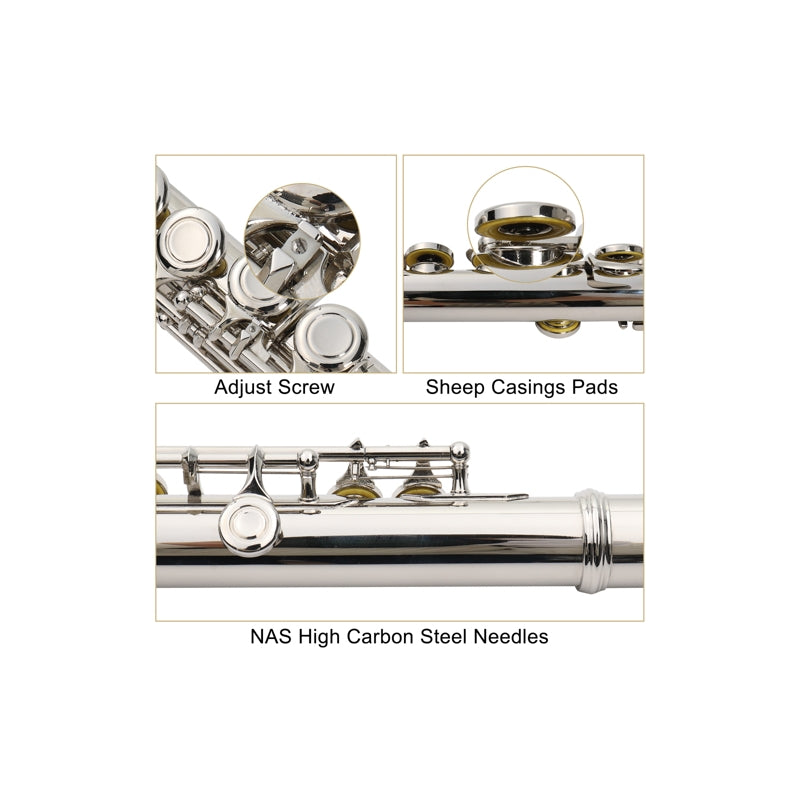 Glarry 16 Keys C Cupronickel Flute Closed Hole Separated E Key Silver