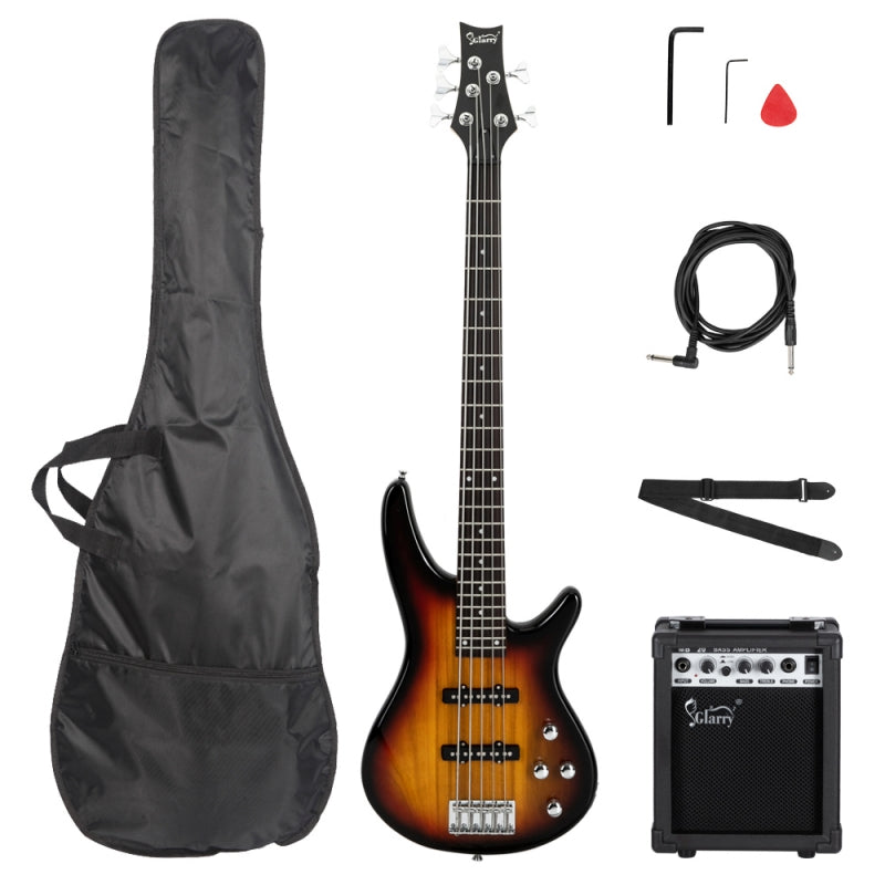 Glarry GIB 5 String Electric Bass Guitar SS Pick-up w/20W Amplifier - Sunset