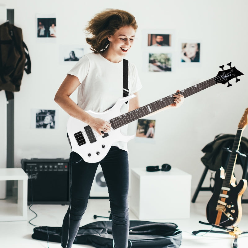 Glarry Burning Fire Electric Bass Guitar HH Pickups w/ 20W Amplifier - White