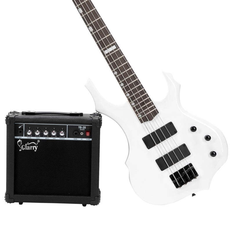 Glarry Burning Fire Electric Bass Guitar HH Pickups w/ 20W Amplifier - White