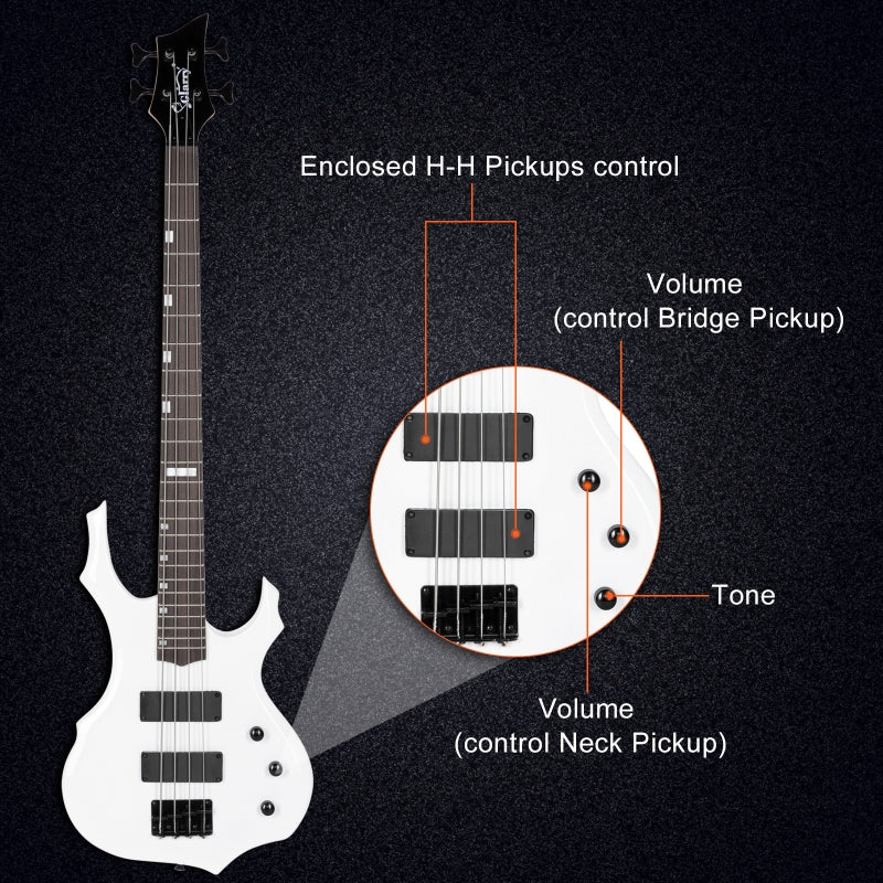 Glarry Burning Fire Electric Bass Guitar HH Pickups w/ 20W Amplifier - White