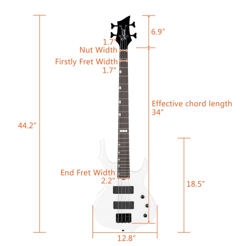 Glarry Burning Fire Electric Bass Guitar HH Pickups w/ 20W Amplifier - White