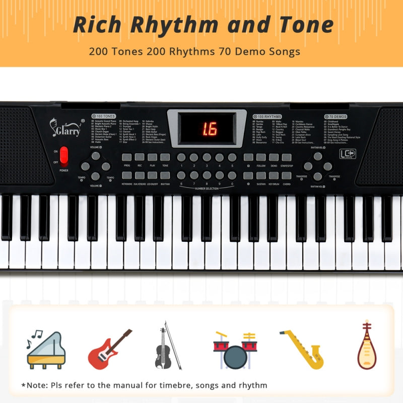 Glarry GEP-201 54-Key Portable Electronic Piano Keyboard w/LCD Screen, Microphone