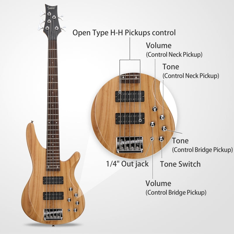 Glarry GIB 5 String Bass Guitar Full Size Open-coil HH Pickup - Burlywood