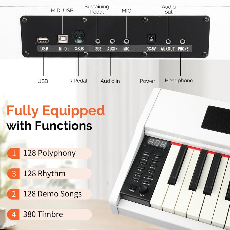 Glarry GPP-109 88 Key Full Size Semi-Weighted Standard Electric Digital Piano - White