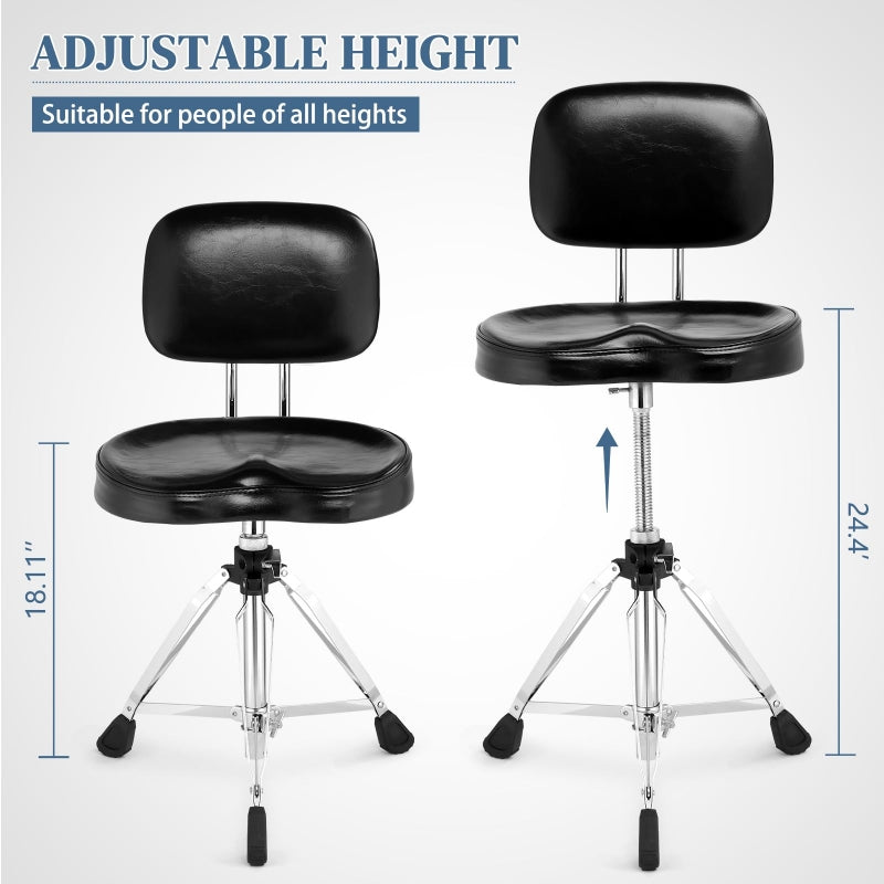 Adjustable Drum Throne Set Heavy Duty Butt Shape with Drum Sticks - Black