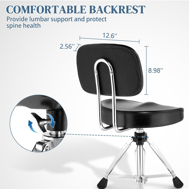 Adjustable Drum Throne Set Heavy Duty Butt Shape with Drum Sticks - Black